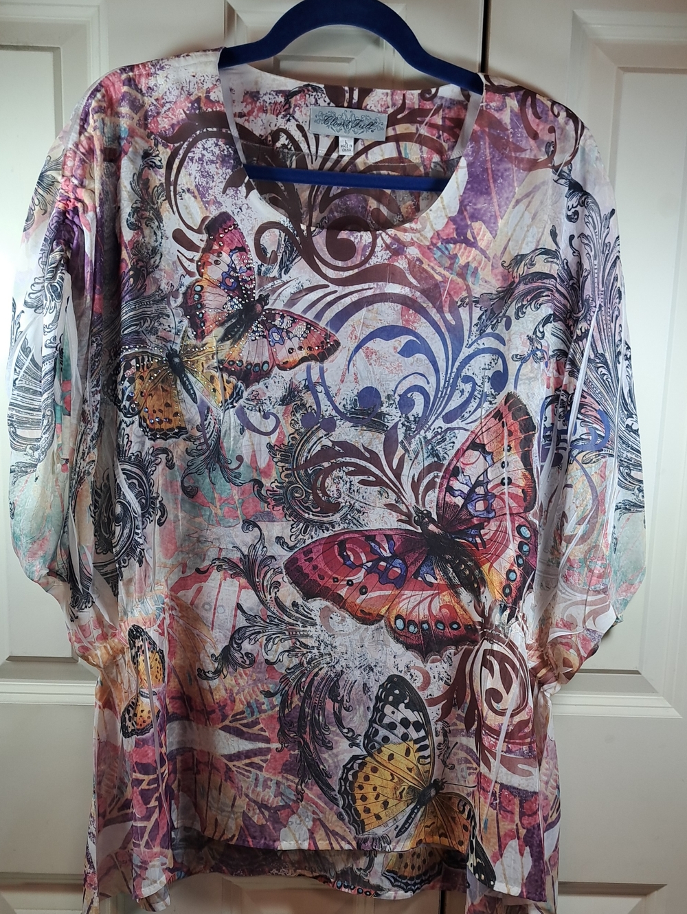 Women’s Butterfly Print Sheer Tunic Top - Pink Multicolor